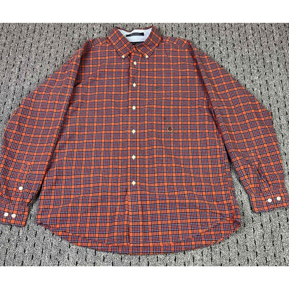 Tommy Hilfiger Shirt Large Plaid Check Mens Orange Blue Purple White Button‎ Up